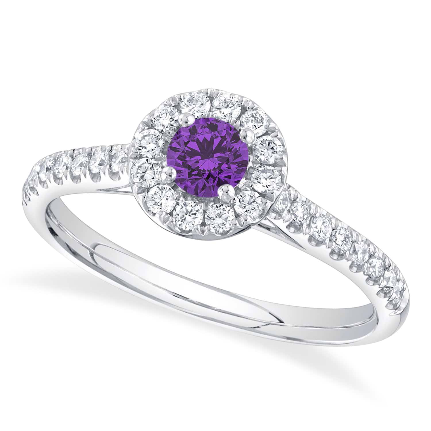Round Amethyst Solitaire & Diamond Engagement Ring 14K White Gold (0.56ct)