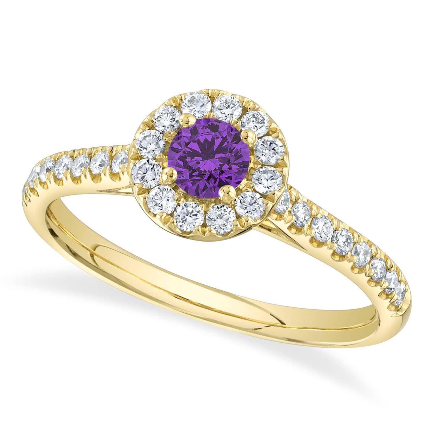 Round Amethyst Solitaire & Diamond Engagement Ring 14K Yellow Gold (0.56ct)