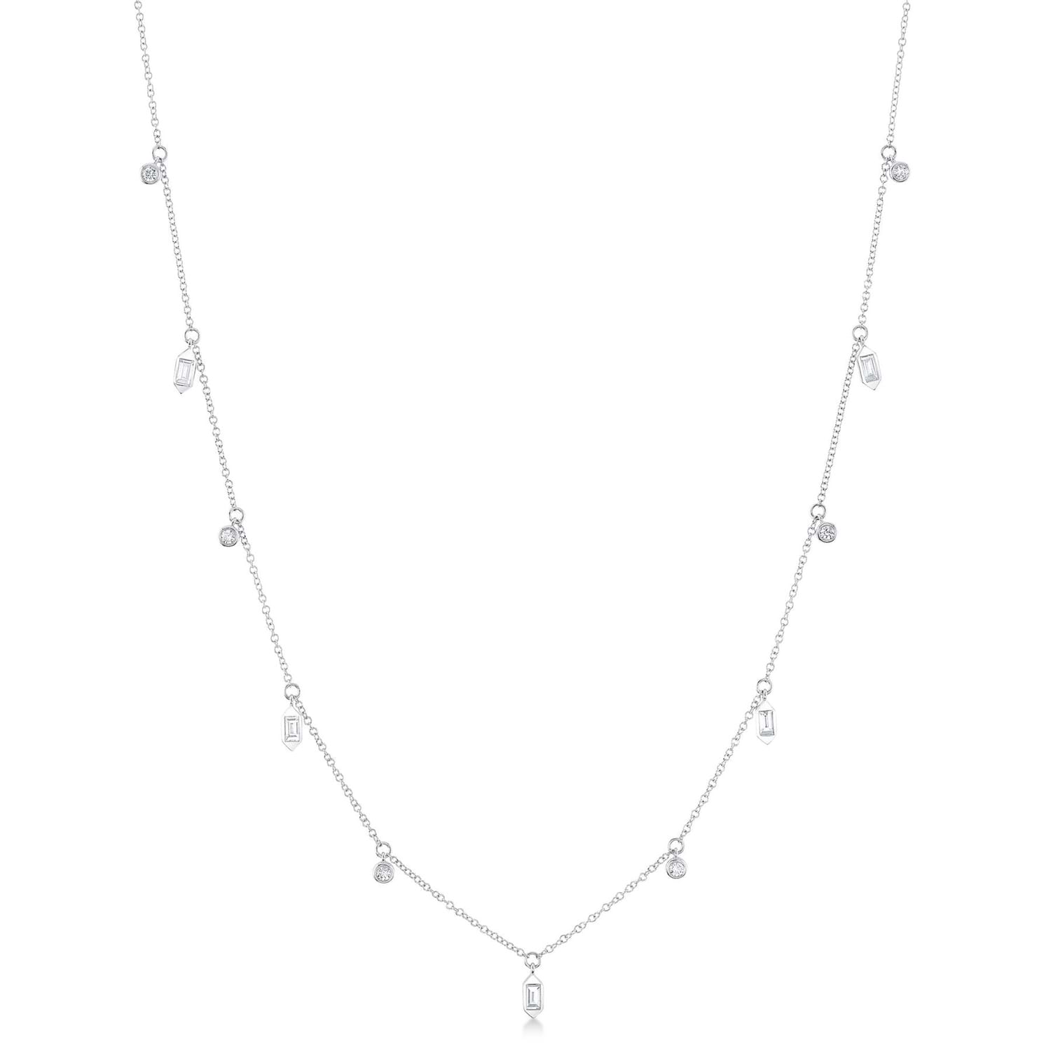 Diamond Baguette Bezel Dangle Pendant Necklace 14K White Gold (0.38ct)