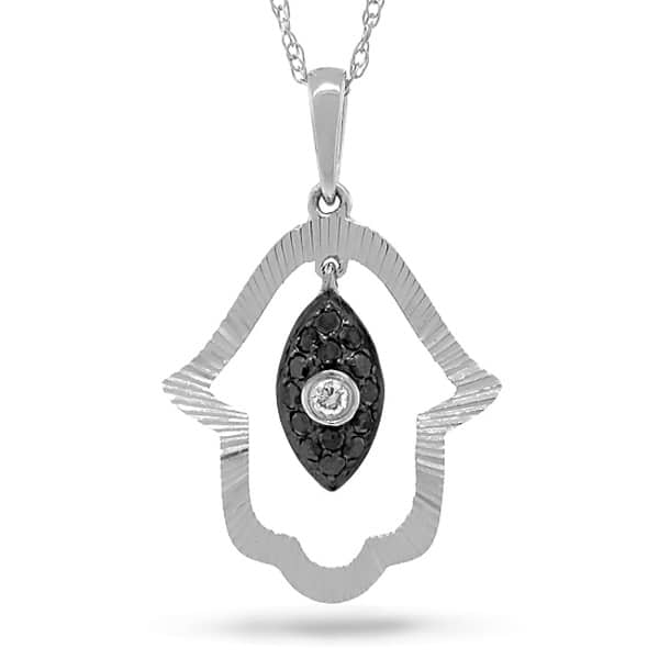 0.13ct 14k White Gold Black & White Diamond Hamsa Pendant Necklace