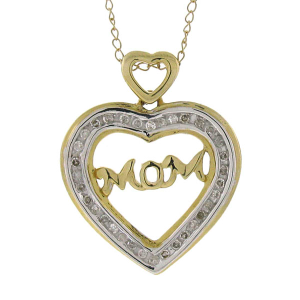 0.15ct 14k Yellow Gold Diamond "mom" Heart Pendant Necklace