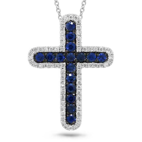 0.21ct Diamond & 0.44ct Blue Sapphire 14k White Gold Cross Pendant Necklace