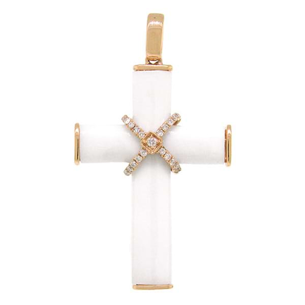 0.09ct 14k Rose Gold Diamond & White Agate Cross Pendant Necklace