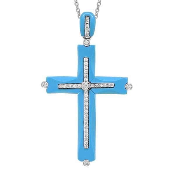 0.28ct 14k White Gold Diamond & Composite Turquoise Cross Pendant Necklace