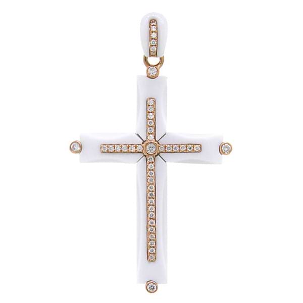 0.28ct 14k Rose Gold Diamond & White Agate Cross Pendant Necklace