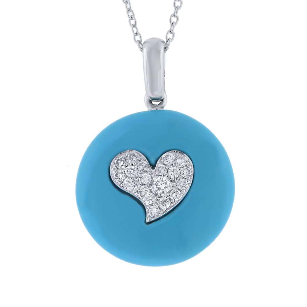 0.16ct 14k White Gold Diamond & Composite Turquoise Heart Pendant Necklace