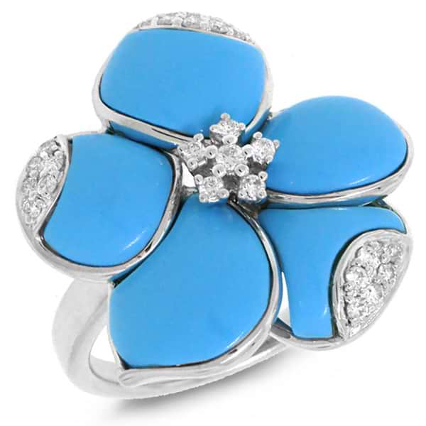 0.25ct 14k White Gold Diamond & Composite Turquoise Flower Ring