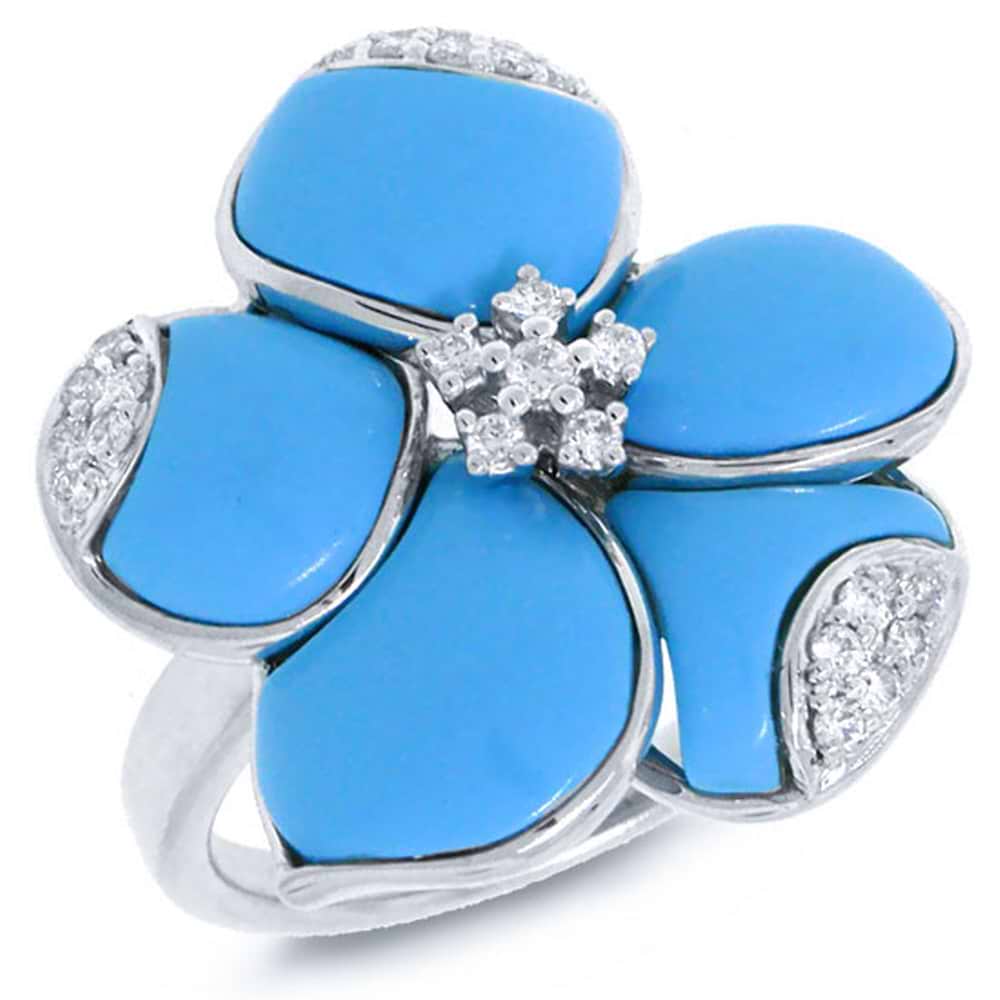 0.25ct 14k White Gold Diamond & Composite Turquoise Flower Ring Size 8