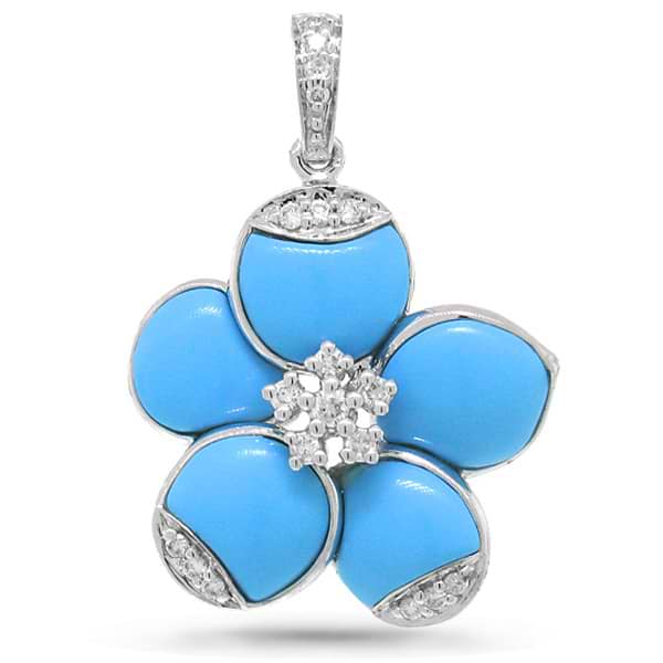 0.15ct 14k White Gold Diamond & Composite Turquoise Flower Pendant Necklace