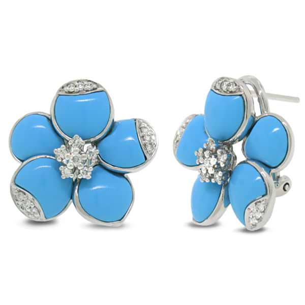 0.25ct 14k White Gold Diamond & Composite Turquoise Flower Earrings