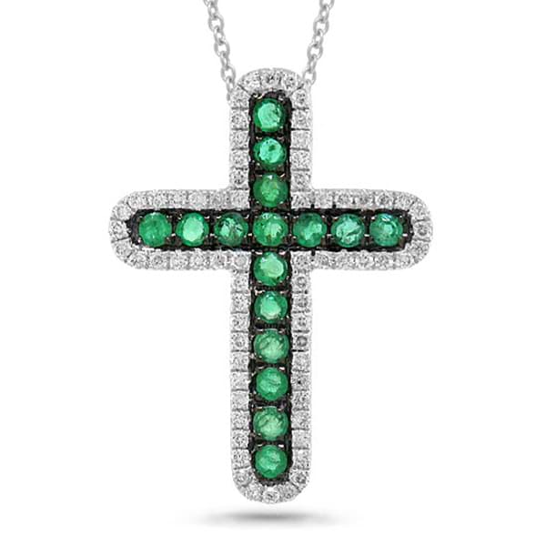 0.21ct Diamond & 0.33ct Emerald 14k White Gold Cross Pendant Necklace