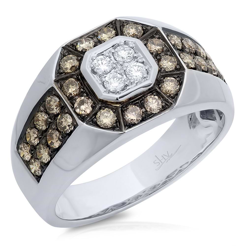 1.18ct 14k White Gold White & Champagne Diamond Men's Ring Size 9