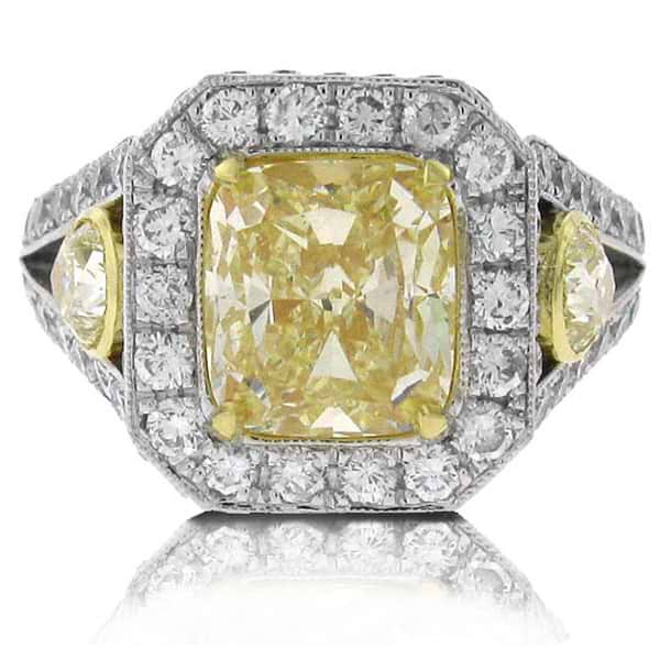 3.01ct Cushion Cut Center and 2.74ct Side 18k Two-tone Gold EGL Certified Natural Yellow Diamond Ring