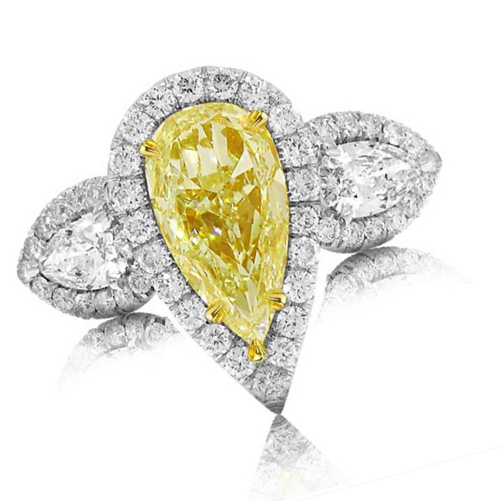 2.24ct Pear Shape Center and 1.60ct Side 18k Two-tone Gold GIA Certified Natural Yellow Diamond Ring