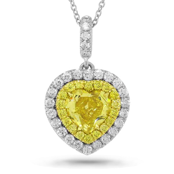 1.33ct Heart Cut Center And 0.51ct Side 18k Two-tone Gold Gia Certified Natural Yellow Diamond Pendant Necklace