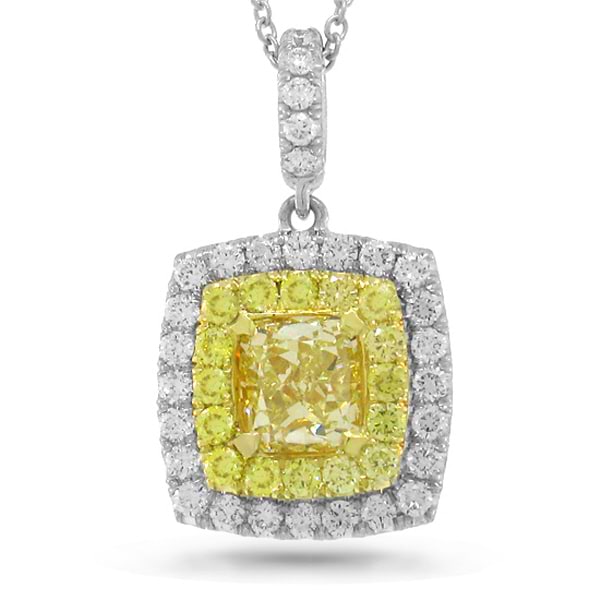1.01ct Cushion Cut Center And 0.59ct Side 18k Two-tone Gold Natural Yellow Diamond Pendant Necklace