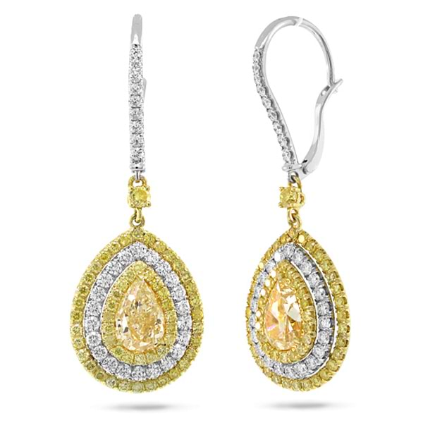 3.06ct Pear Cut Center And 2.26ct Side 18k Two-tone Gold Gia Certified Natural Yellow Diamond Earrings