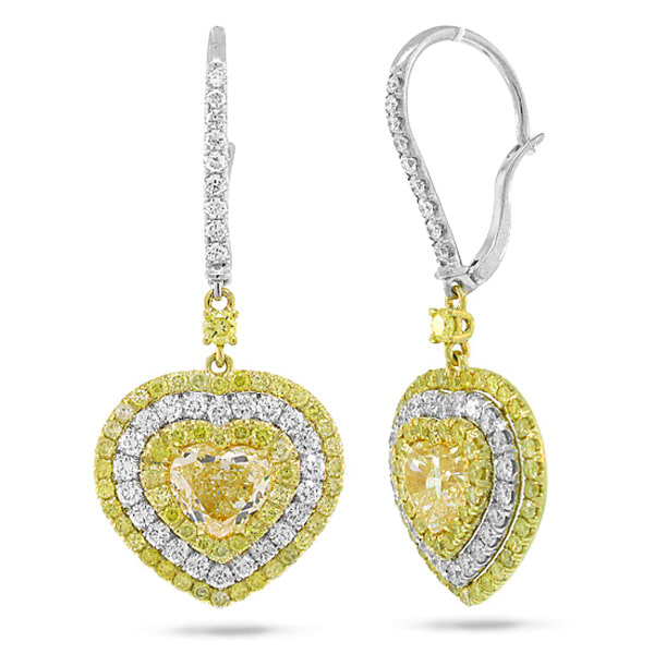 3.00ct Heart Cut Center And 2.32ct Side 18k Two-tone Gold Egl Certified Natural Yellow Diamond Earrings