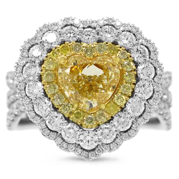 1.50ct Heart Cut Center and 2.28ct Side 18k Two-tone Gold Natural Yellow Diamond Ring
