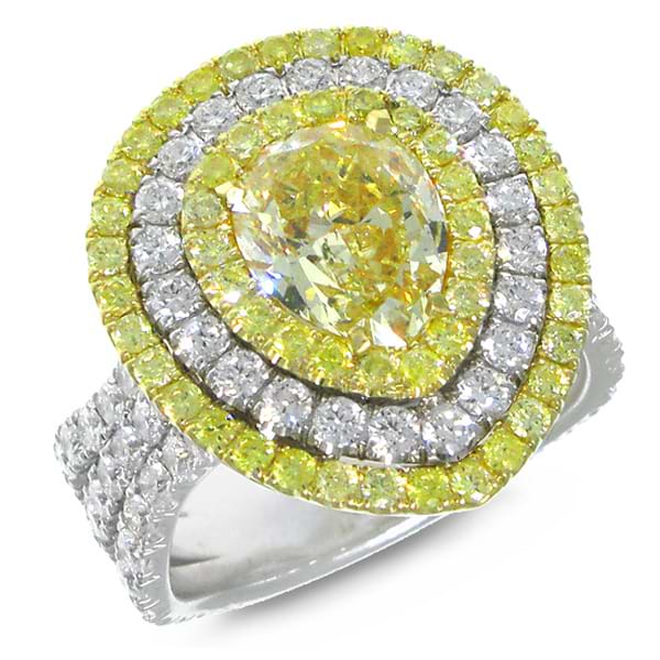 2.13ct Pear Cut Center and 2.35ct Side 18k Two-tone Gold GIA Certified Natural Yellow Diamond Ring