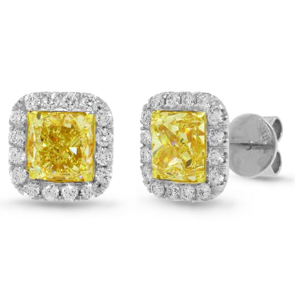 3.79ct Radiant Cut Center And 0.52ct Side 18k Two-tone Gold Egl Certified Natural Yellow Diamond Earrings