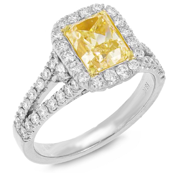 1.86ct Radiant Cut Center and 0.88ct Side 18k Two-tone Gold EGL Certified Natural Yellow Diamond Ring