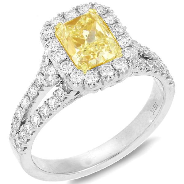 1.54ct Radiant Cut Center and 0.85ct Side 18k Two-tone Gold EGL Certified Natural Yellow Diamond Ring