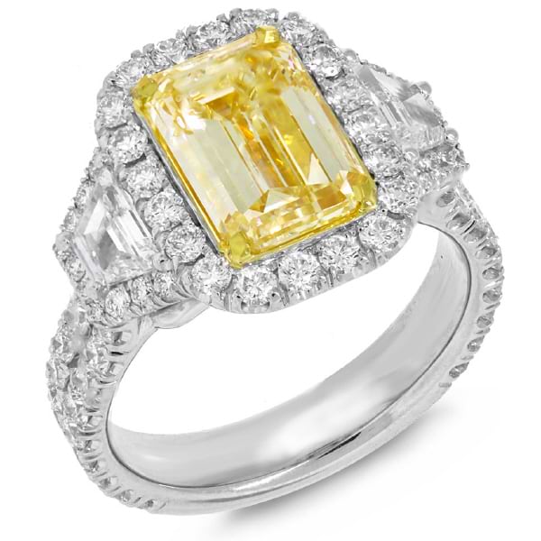 3.01ct Emerald Cut Center and 1.82ct Side 18k Two-tone Gold EGL Certified Natural Yellow Diamond Ring