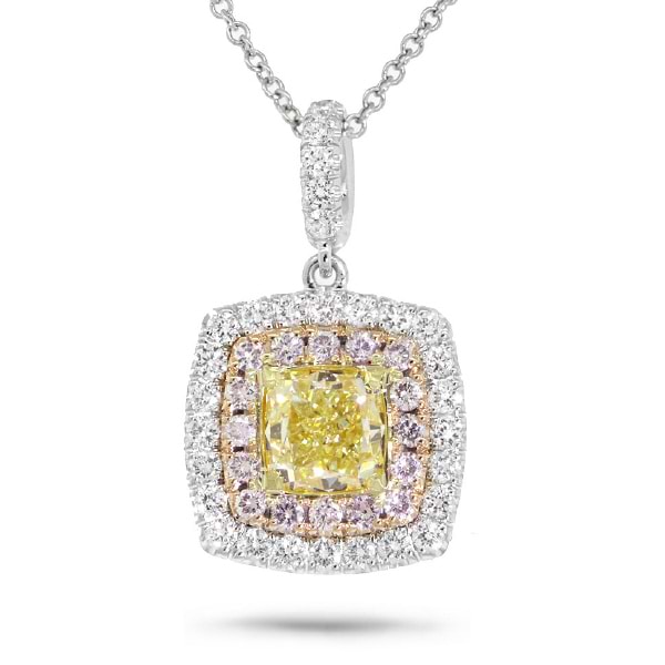 1.07ct Cushion Cut Center And 0.55ct Side 18k Three-tone Gold Natural Yellow Diamond Pendant Necklace