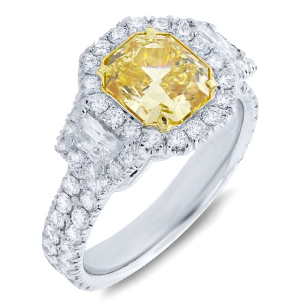 2.02ct Radiant Cut Center and 1.36ct Side 18k Two-tone Gold EGL Certified Natural Yellow Diamond Ring