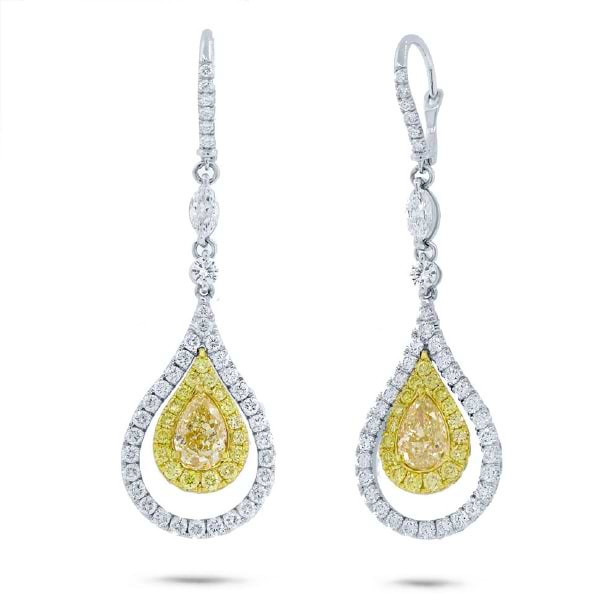 3.00ct Pear Cut Center And 6.01ct Side 18k Two-tone Gold Gia Certified Natural Yellow Diamond Earrings
