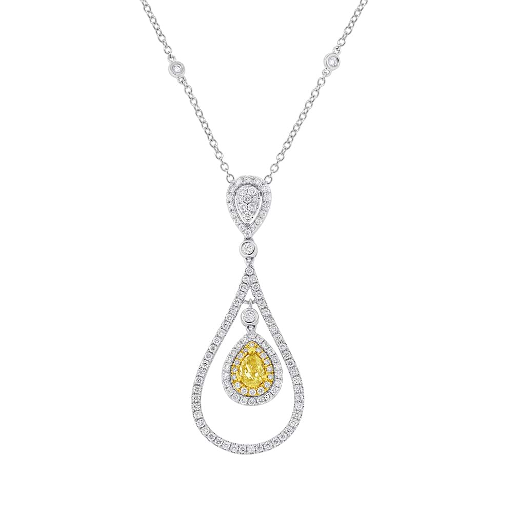 0.68ct Pear Cut Center And 1.25ct Side 18k Two-tone Gold Natural Yellow Diamond Pendant Necklace