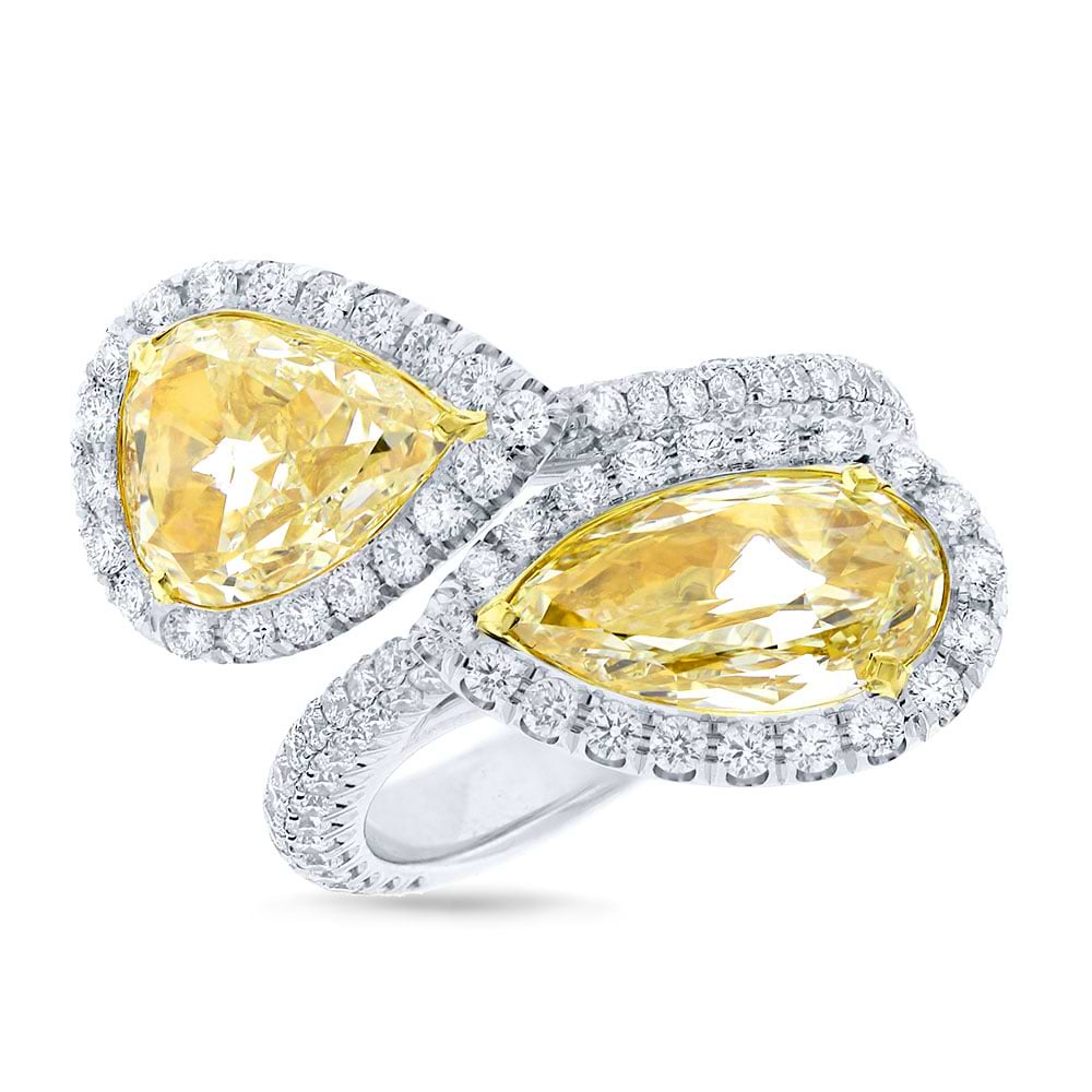 4.09ct Pear Shape Center and 1.35ct Side 18k Two-tone Gold GIA Certified Natural Yellow Diamond Ring