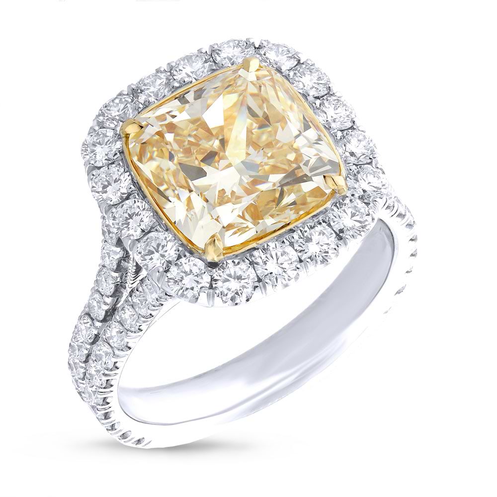5.01ct Cushion Cut Center and 1.42ct Side 18k Two-tone Gold GIA Certified Natural Yellow Diamond Ring