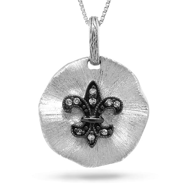 14k White Gold Diamond Fleur In Circle Pendant Necklace