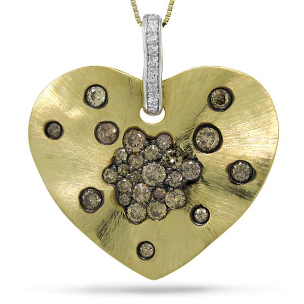 0.98ct 14k Yellow Gold White & Champagne Diamond Heart Pendant Necklace