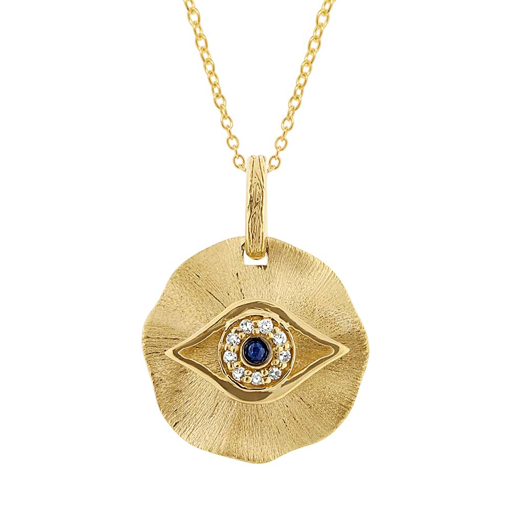 14k Yellow Gold Diamond & Blue Sapphire Eye Pendant Necklace