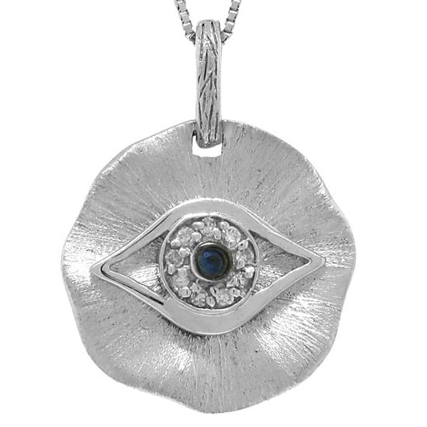 14k White Gold Diamond & Diffused Blue Sapphire Eye Pendant Necklace