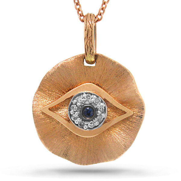 14k Rose Gold Diamond & Blue Sapphire Eye Pendant Necklace