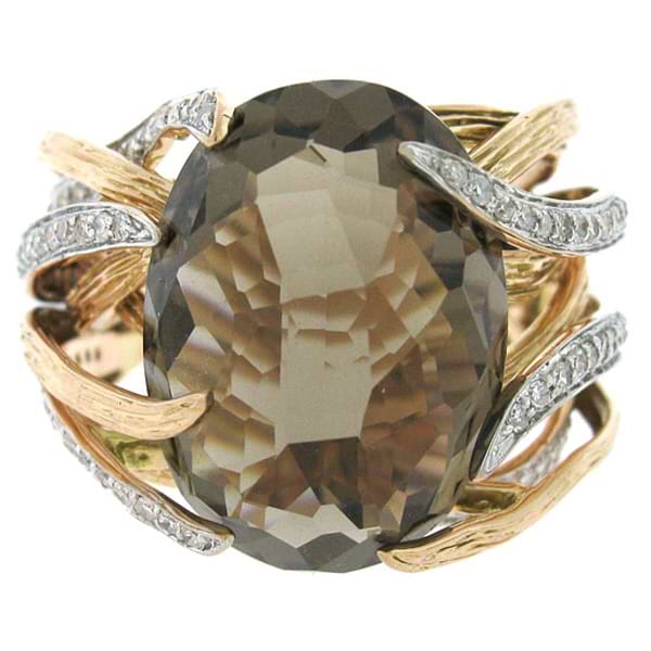 0.50ct Diamond & 12.79ct Smokey Topaz 14k Two-tone Rose Gold Ring