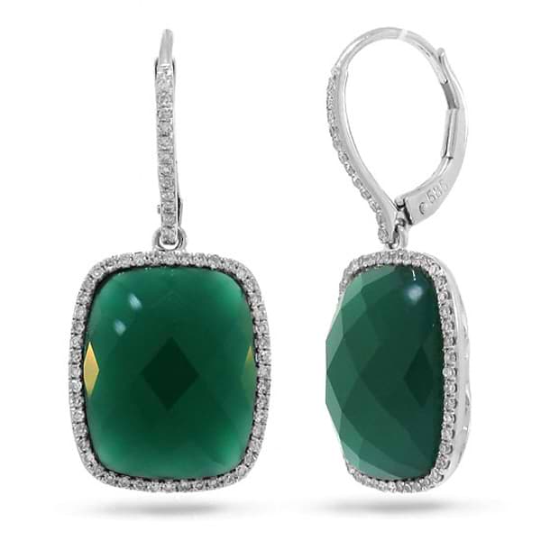 0.37ct Diamond & 12.54ct Green Agate 14k White Gold Earrings