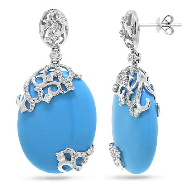 0.63ct Diamond & 27.98ct Composite Turquoise 14k White Gold Earrings