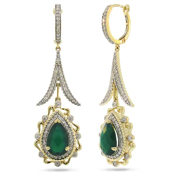 0.87ct Diamond & 4.12ct Green Agate 14k Two-tone Gold Earrings