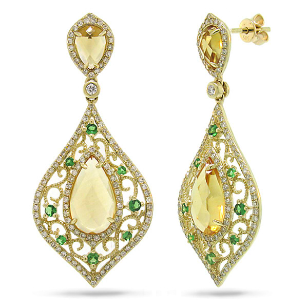 0.96ct Diamond & 5.62ct Citrine & 0.41ct Green Garnet 14k Yellow Gold Earrings