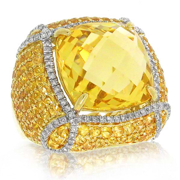 0.57ct Diamond & 12.48ct Citrine & 3.87ct Yellow Sapphire 14k Yellow Gold Ring