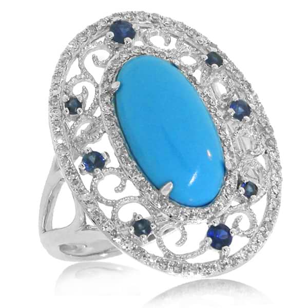 0.37ct Diamond & 2.96ct Composite Turquoise & 0.25ct Blue Sapphire 14k White Gold Ring