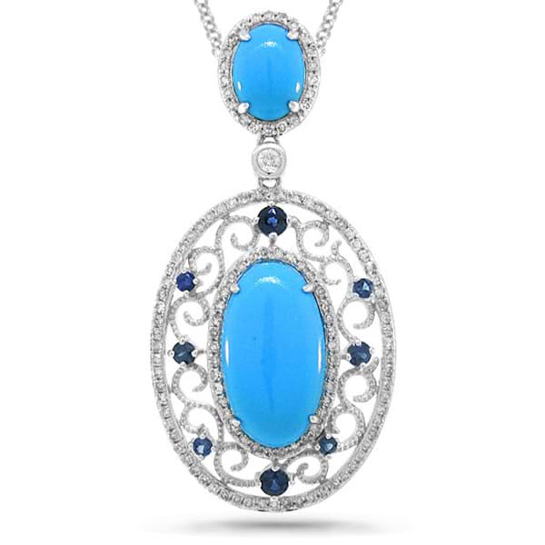 0.53ct Diamond & 5.16ct Composite Turquoise & 0.38ct Blue Sapphire 14k White Gold Pendant Necklace