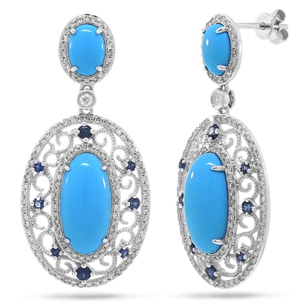 0.96ct Diamond & 7.23ct Composite Turquoise & 0.48ct Blue Sapphire 14k White Gold Earrings