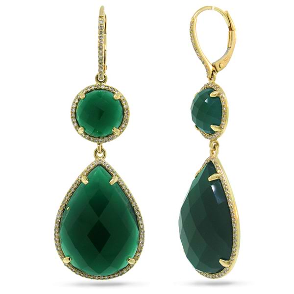 0.68ct Diamond & 31.19ct Green Agate 14k Yellow Gold Earrings