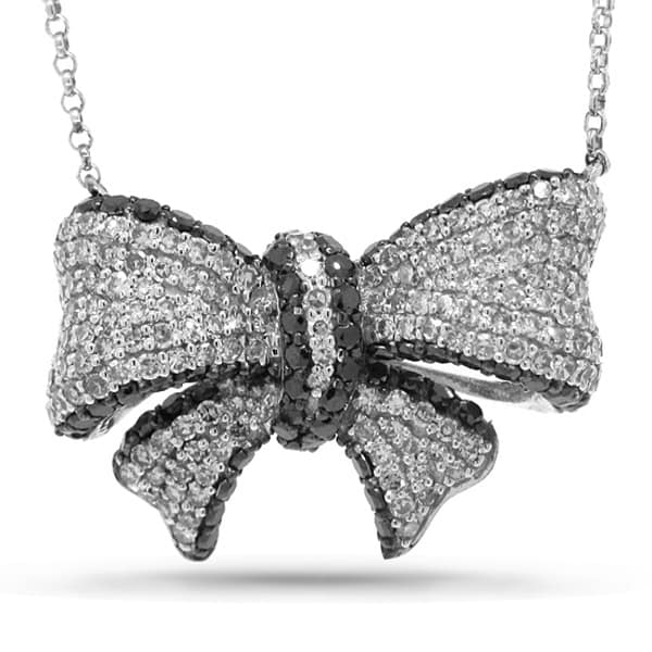 1.69ct 14k White Gold Black & White Diamond Ribbon Bow Necklace